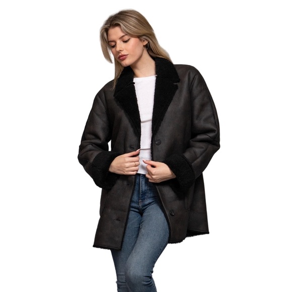 Jackets & Blazers - 111. Black mixed fabric coat with Sherpa lining buttons and pockets